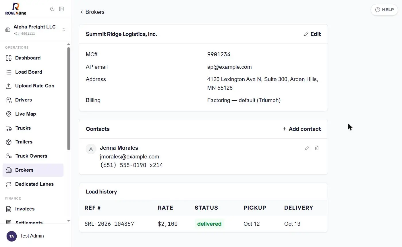 Broker page showing MC, AP email, address and billing method