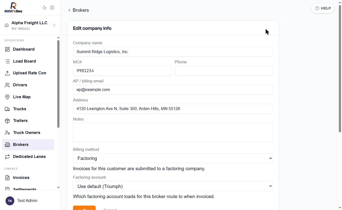 Edit broker form with billing method set to Factoring