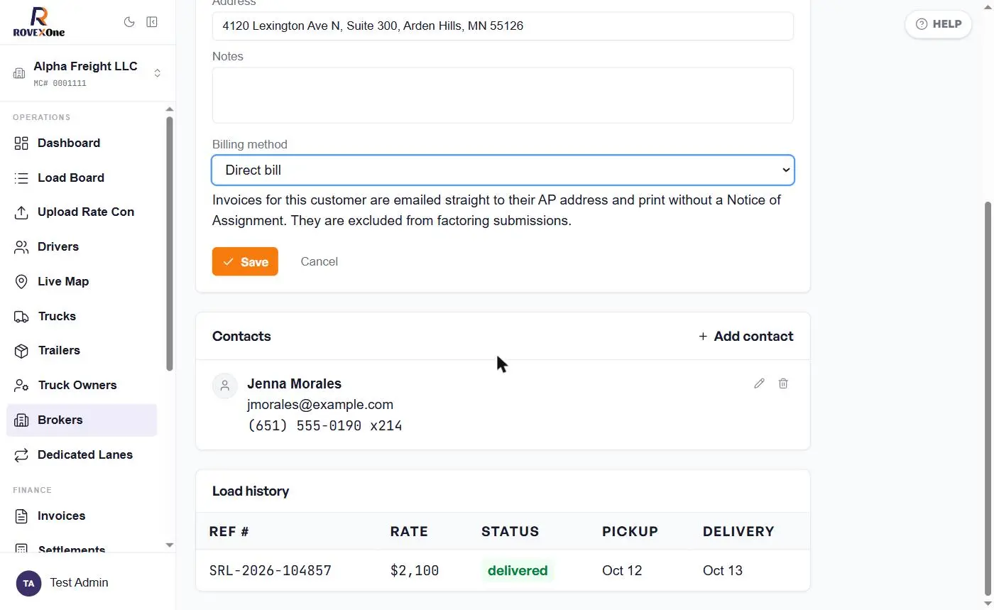Billing method set to Direct bill with explanation and Save button