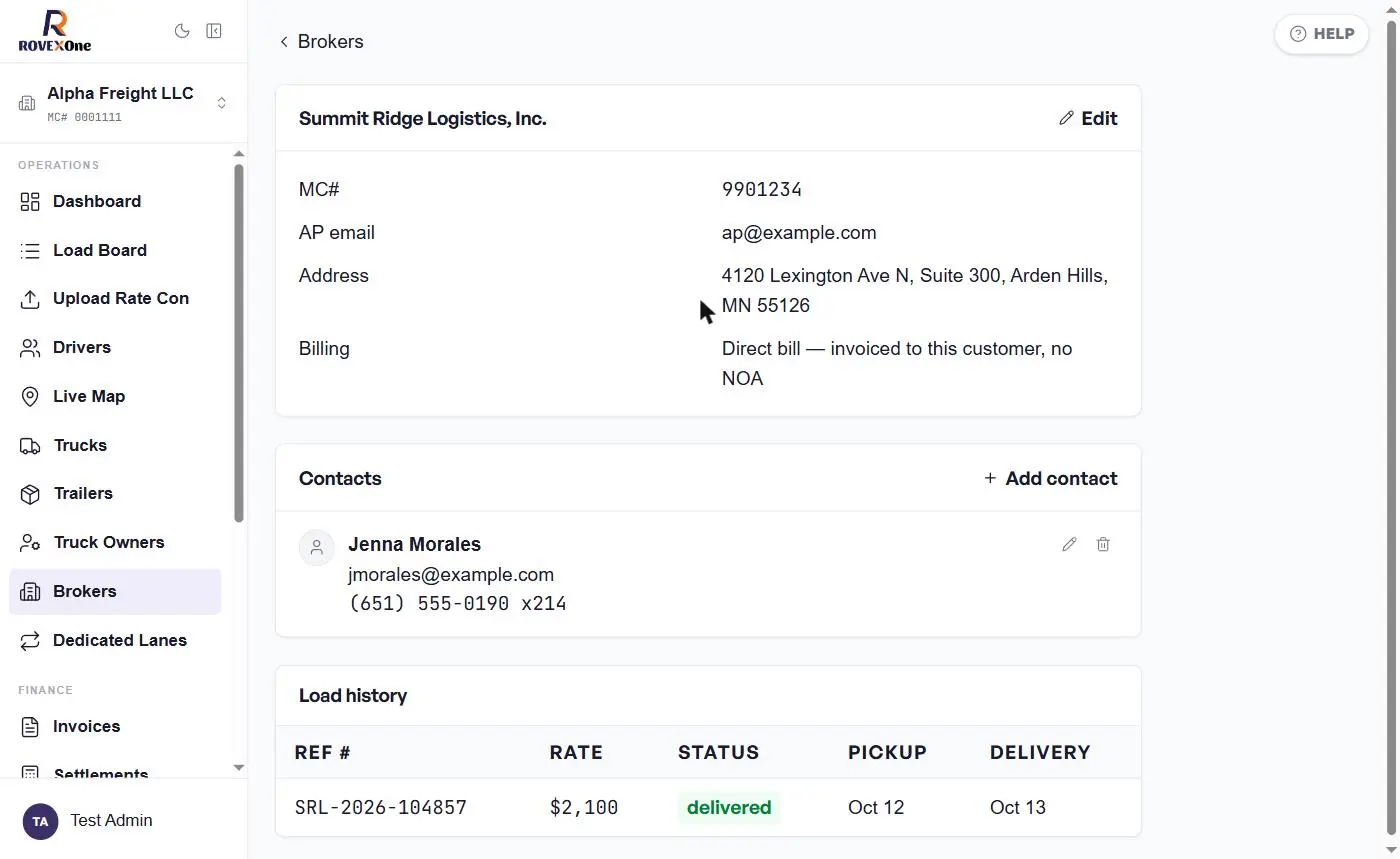 Broker page showing Direct bill as the billing method