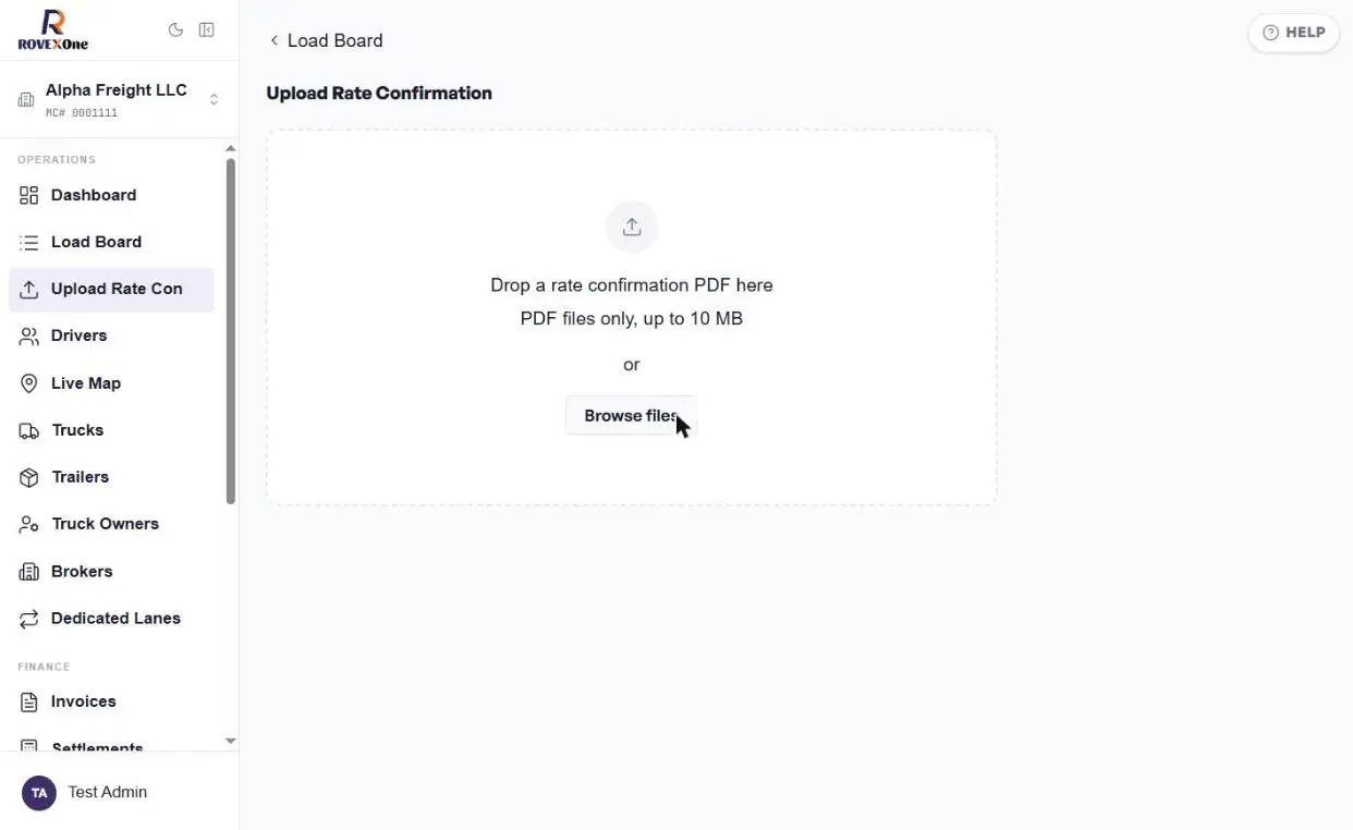Upload Rate Confirmation page with a drop zone and Browse files button
