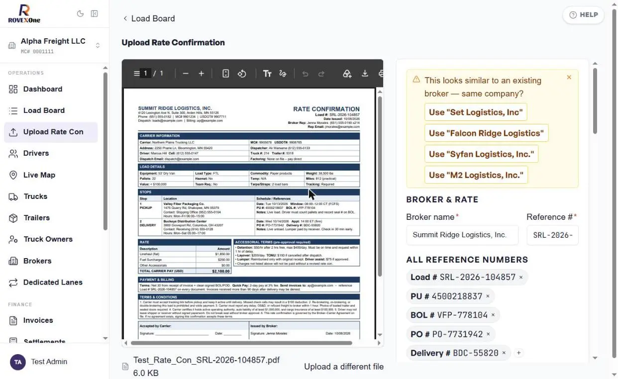 Parsed rate con beside the load form, with a similar-broker suggestion box