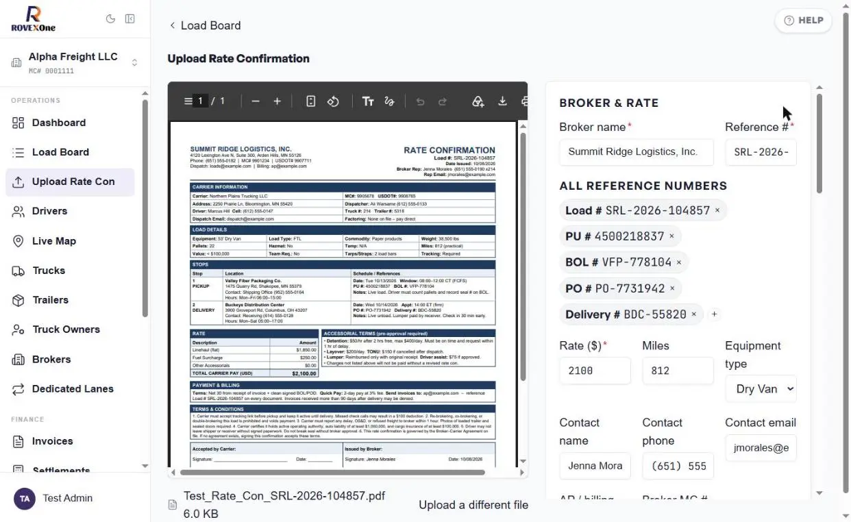 Broker and Rate section filled in from the rate con, with reference number tags