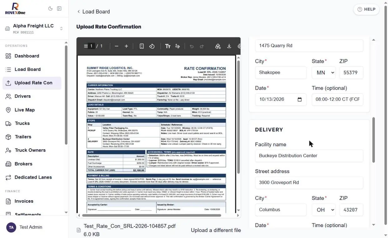 Pickup and delivery sections filled in from the rate con