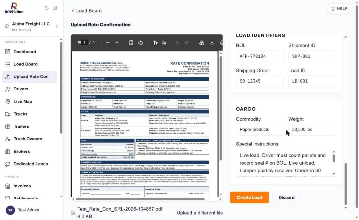 Load identifiers, cargo and special instructions with the Create Load button