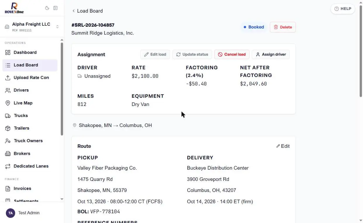 New load created from the rate con showing Booked status, rate and route
