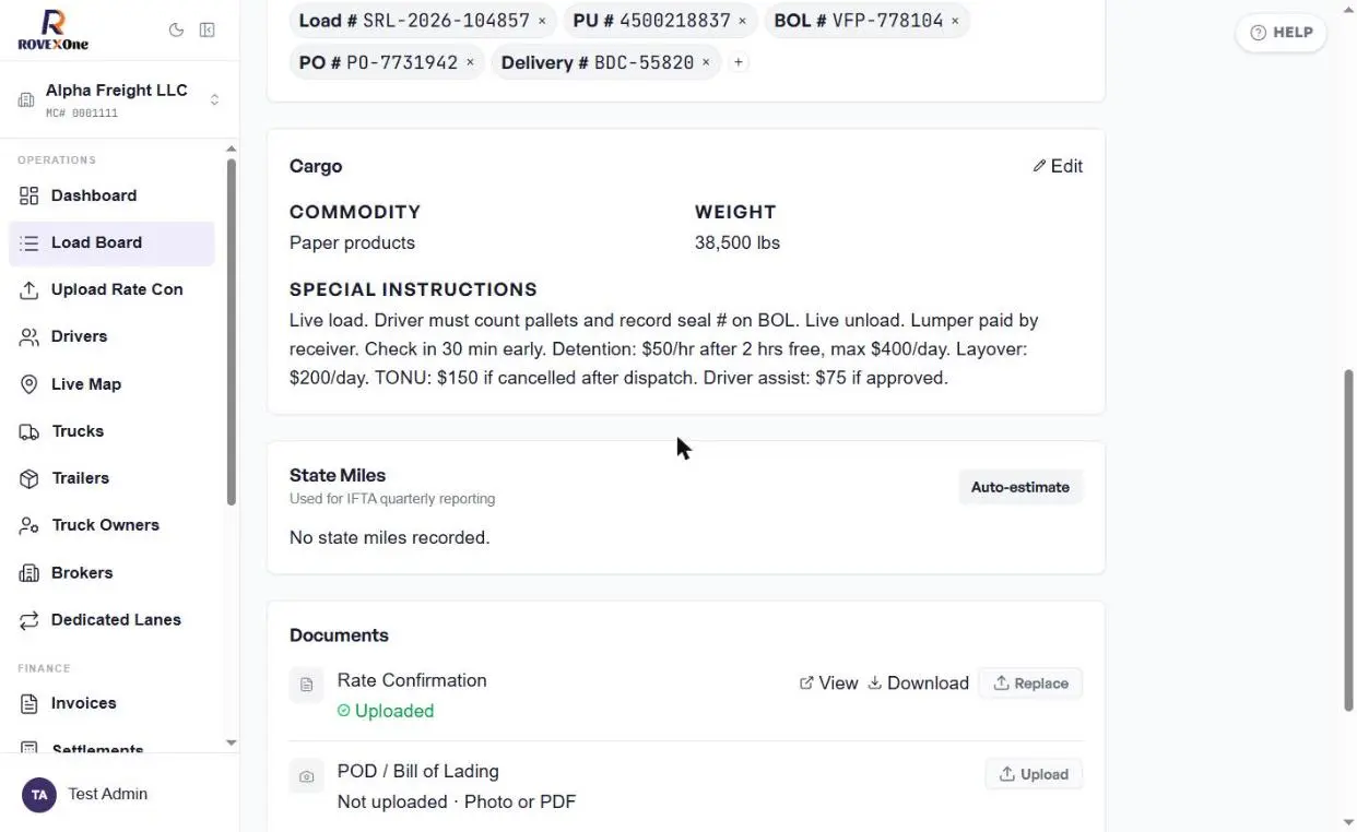 Documents section showing the rate confirmation uploaded