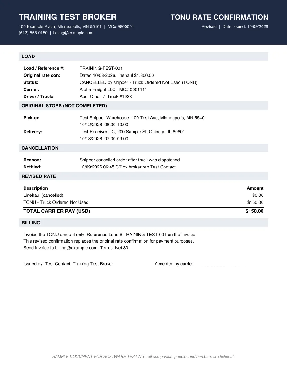 Example TONU rate confirmation showing $150 TONU and $0 linehaul