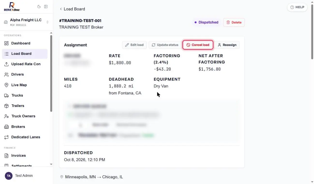 Dispatched load with the Cancel load button outlined