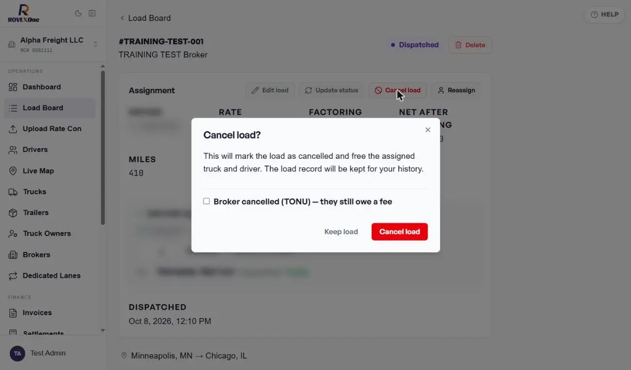 Cancel load window with the TONU checkbox