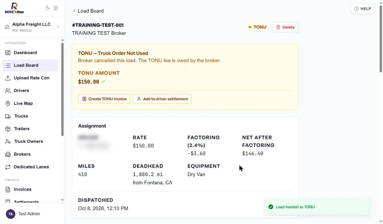 Load showing TONU status, TONU amount and recalculated rate