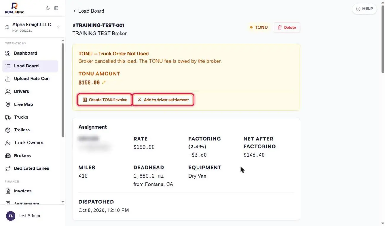 Create TONU invoice and Add to driver settlement buttons outlined