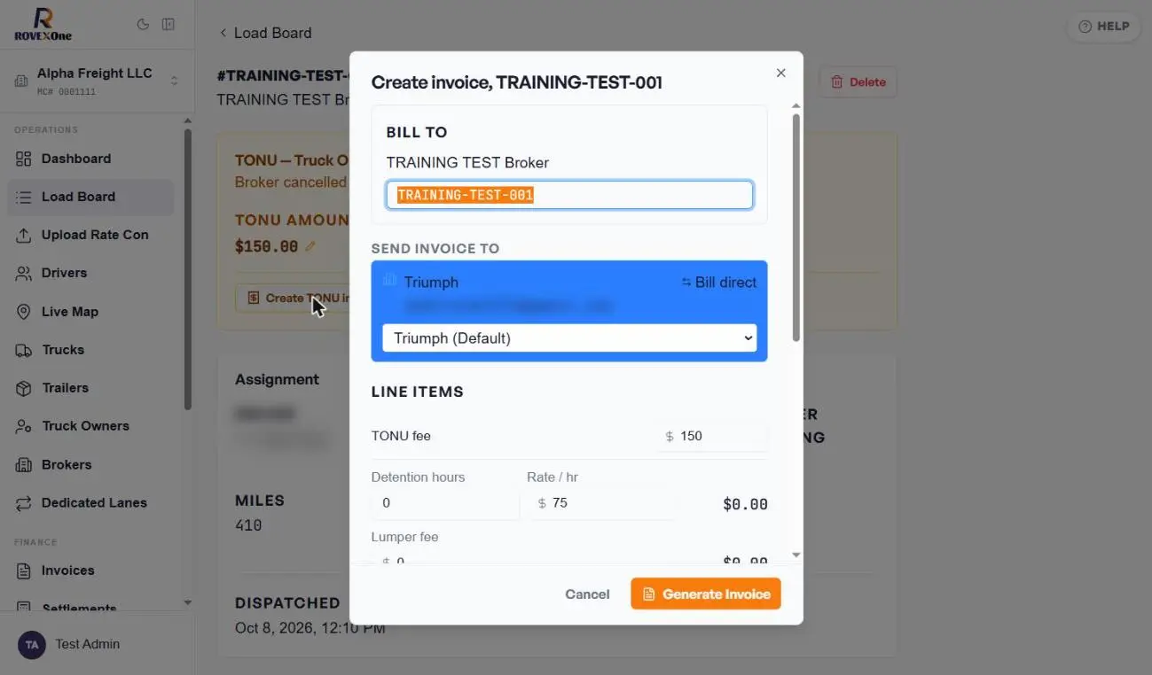 Create invoice form with Bill to, Send invoice to and a $150 TONU fee