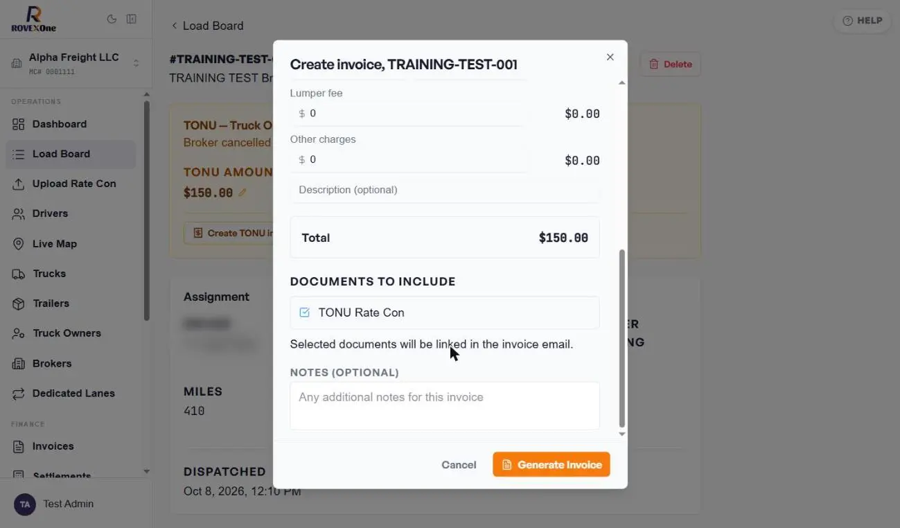 Invoice total of $150 with TONU Rate Con ticked and Generate Invoice button