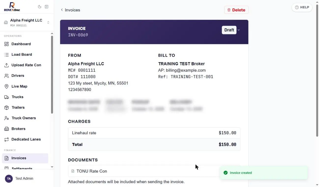 Draft TONU invoice for $150 with the TONU rate con attached