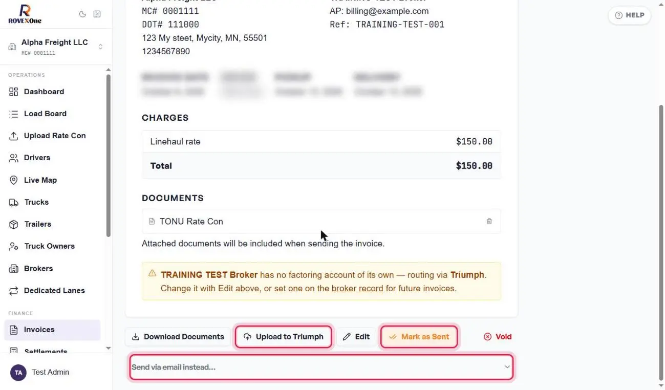 Invoice send options outlined in red